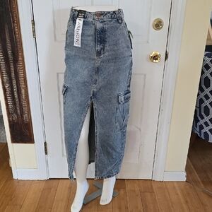 New w/ Tags Size 3 Love, Fire Denim Jean Skirt Full Length, High Slit & Pockets